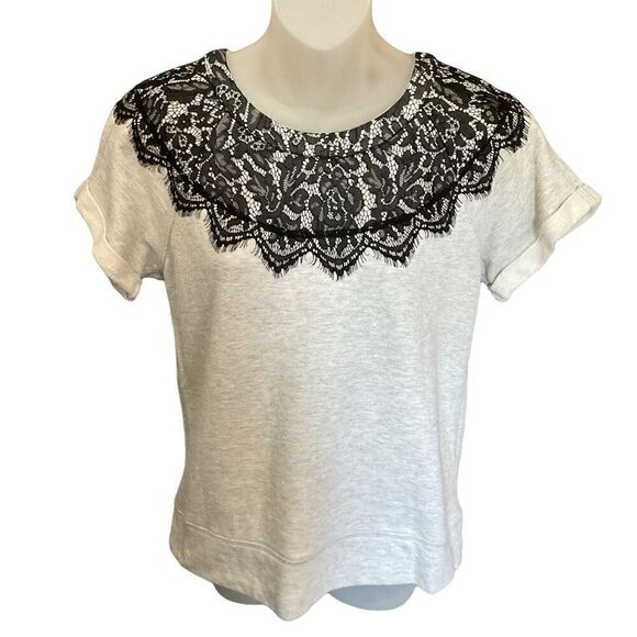 Gap Factory Top Sweatshirt Short Sleeve Cuffs  Black Lace Grey Women Size Small - Picture 1 of 11